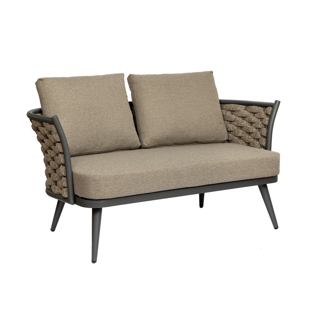 Dark Gray Aluminum Outdoor Love Seat with Taupe Cushions - 56-inch