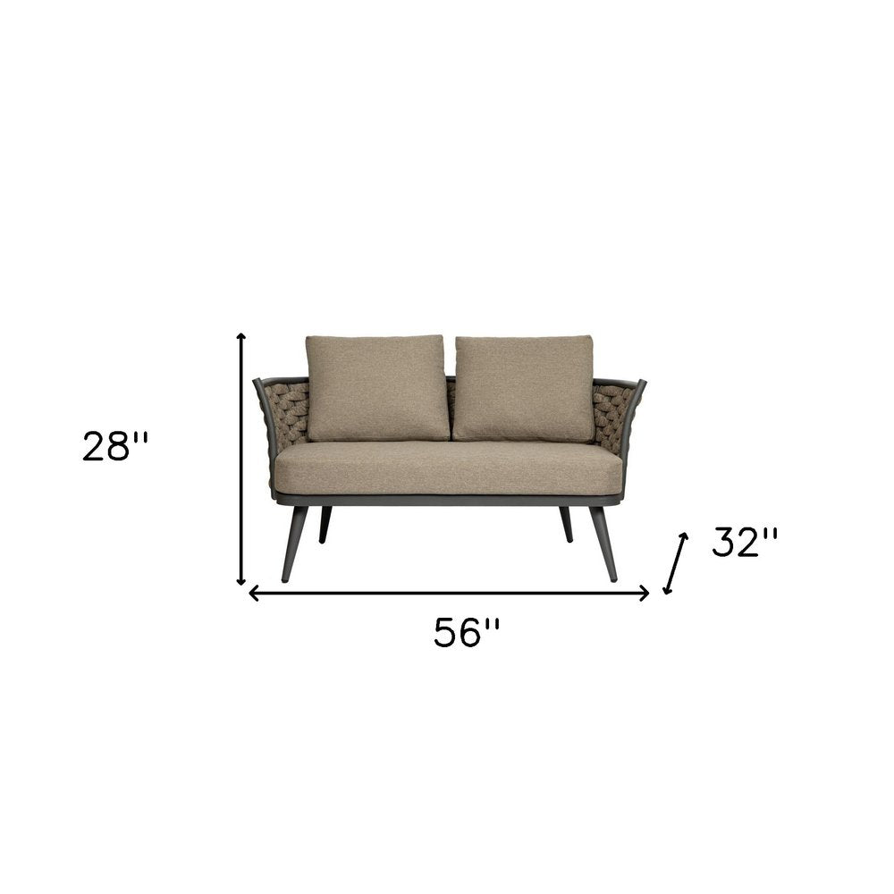 Dark Gray Aluminum Outdoor Love Seat with Taupe Cushions - 56-inch