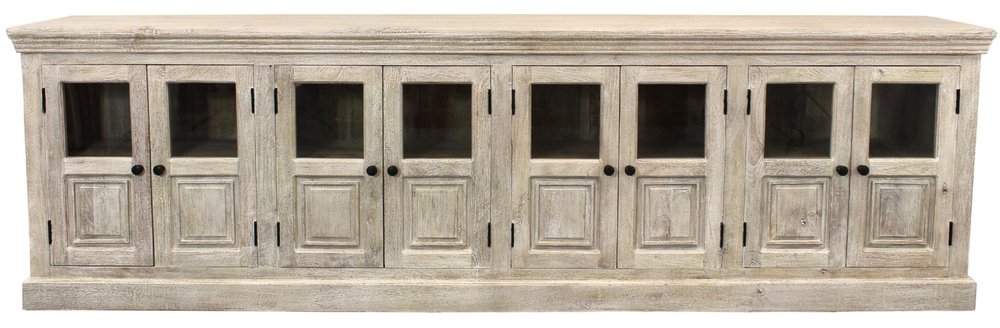 Antiqued White Distressed Solid Wood Sideboard with 8 Glass Doors - 118-inch