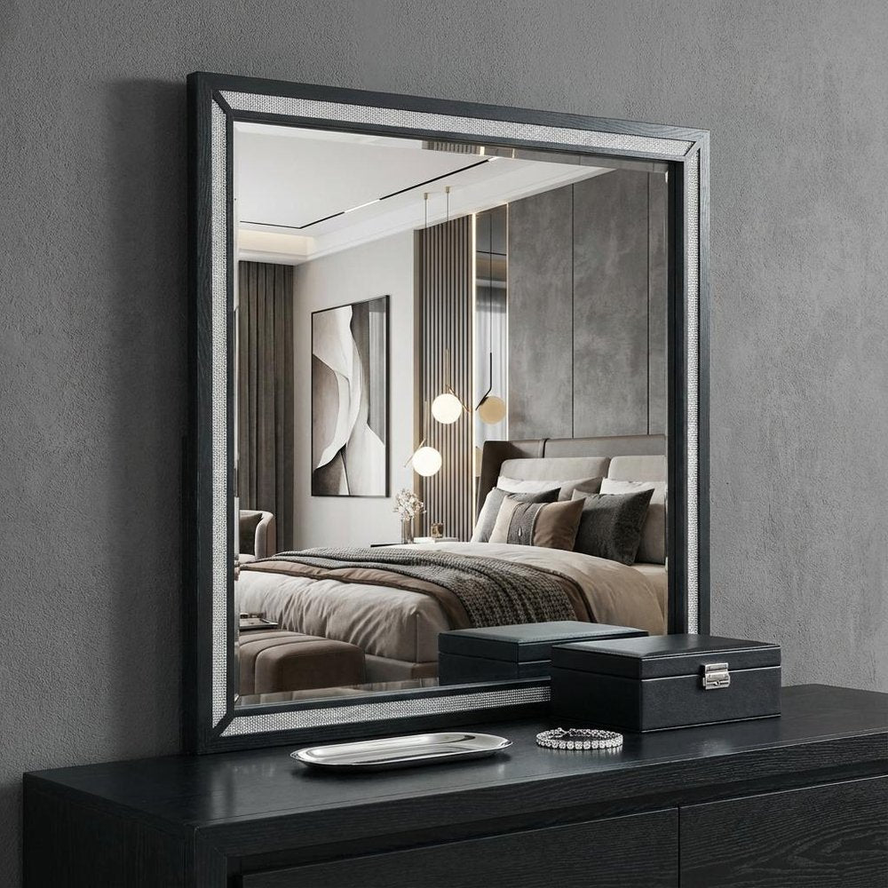Black Faux Crystal and Wood Dresser Mount Framed Mirror - 37-inch