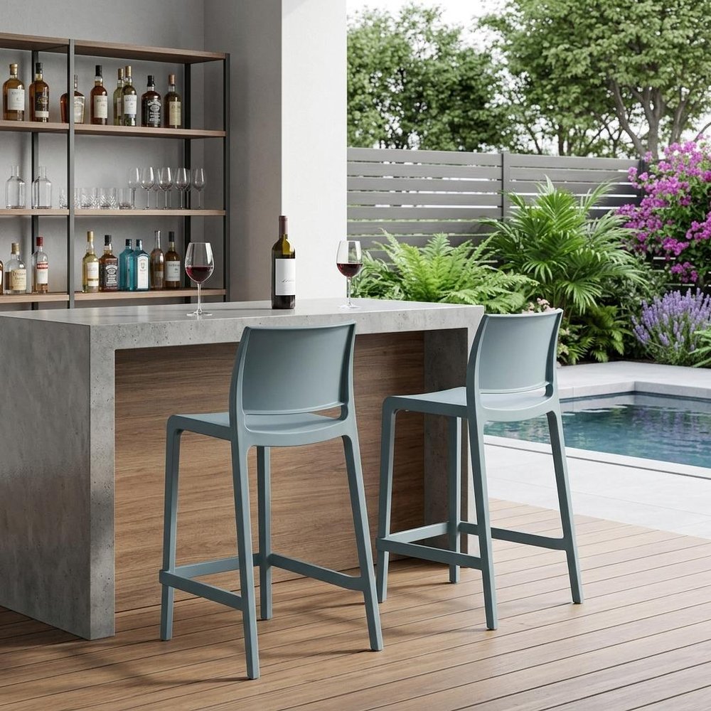 Set of Two 26 Baby Blue Heavy Duty Plastic Low Back Outdoor Counter Height Bar Chairs