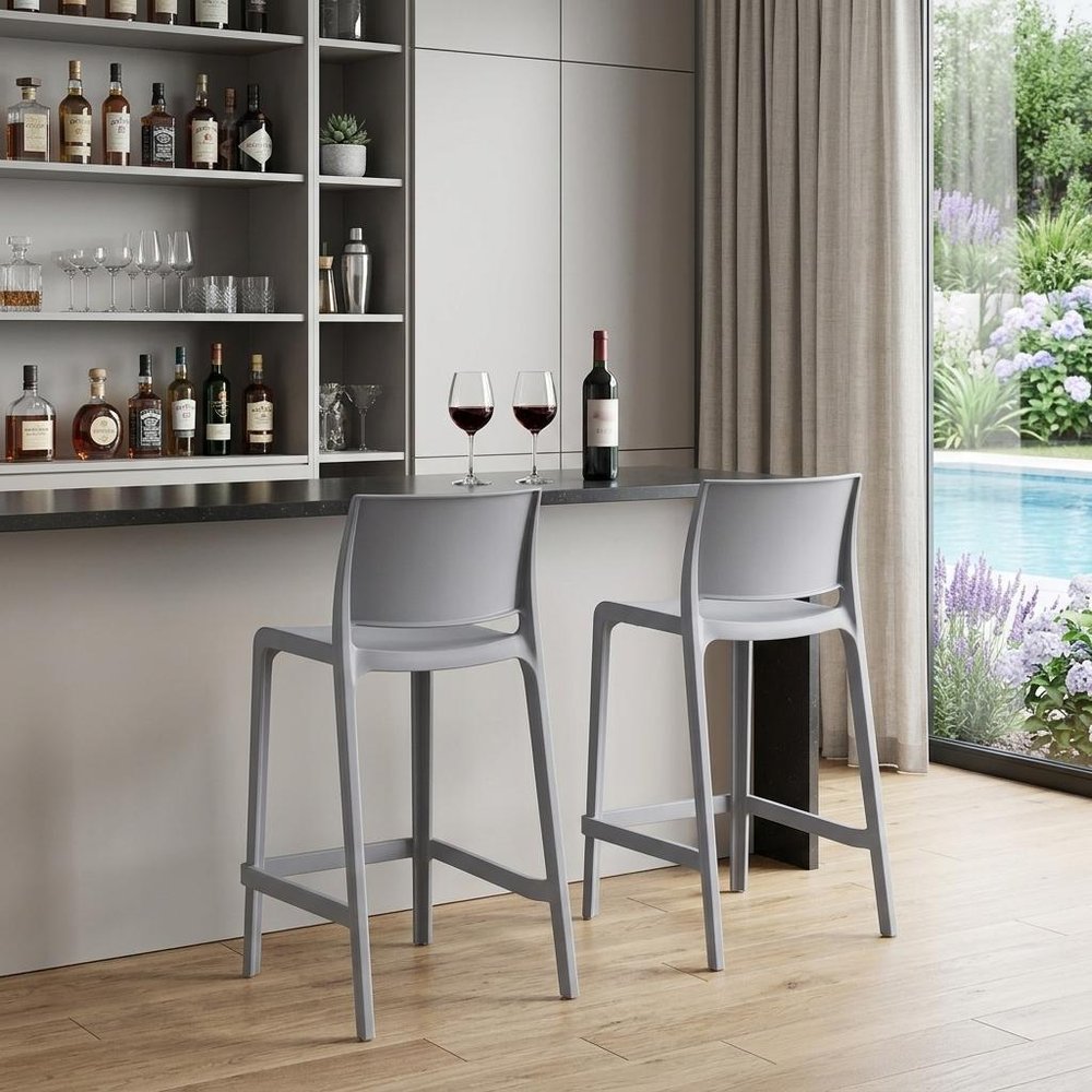 Set of Two 26 Gray Heavy Duty Plastic Low Back Outdoor Counter Height Bar Chairs