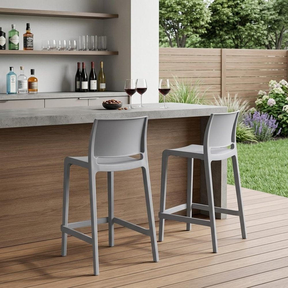 Set of Two 26 Gray Heavy Duty Plastic Low Back Outdoor Counter Height Bar Chairs