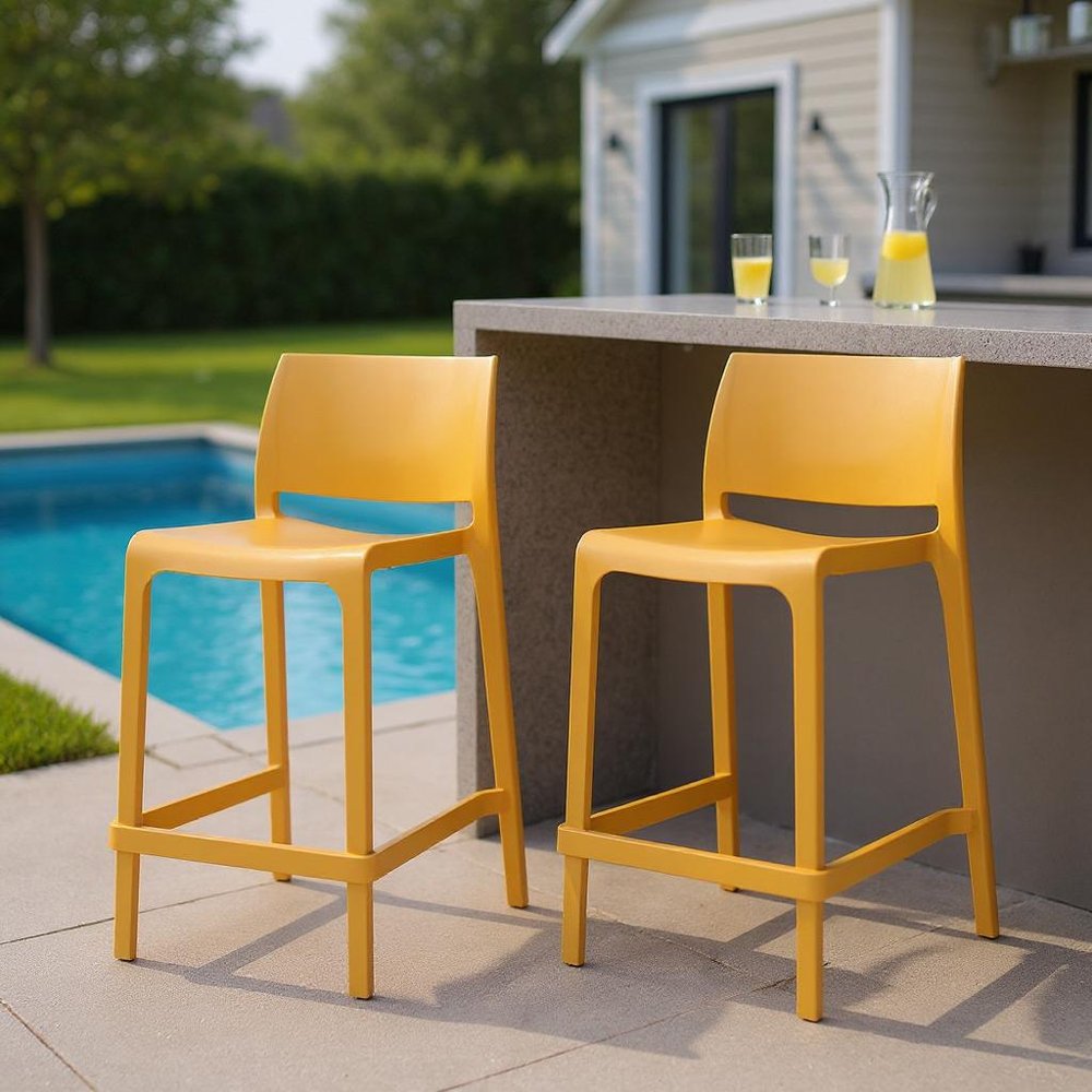 Set of Two 26 Gold and Yellow Heavy Duty Plastic Low Back Outdoor Counter Height Bar Chairs