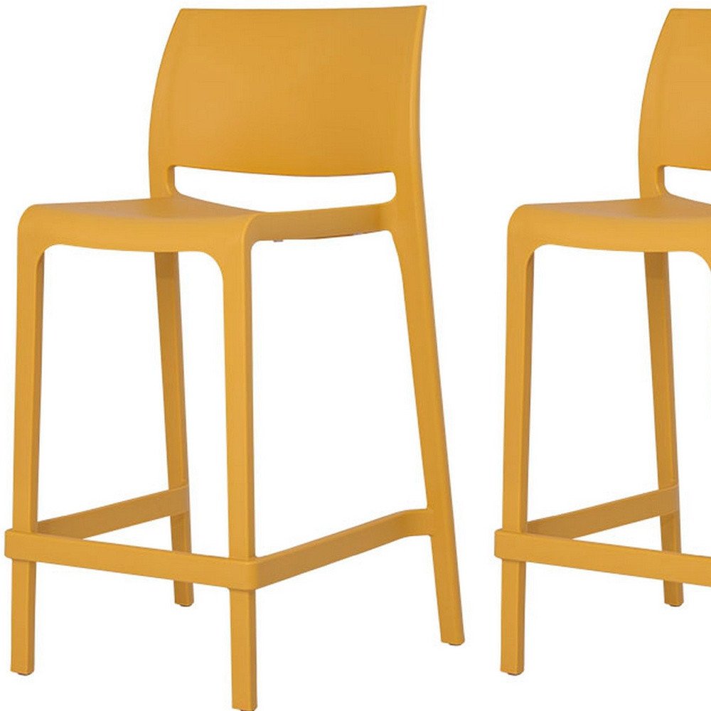 Set of Two 26 Gold and Yellow Heavy Duty Plastic Low Back Outdoor Counter Height Bar Chairs