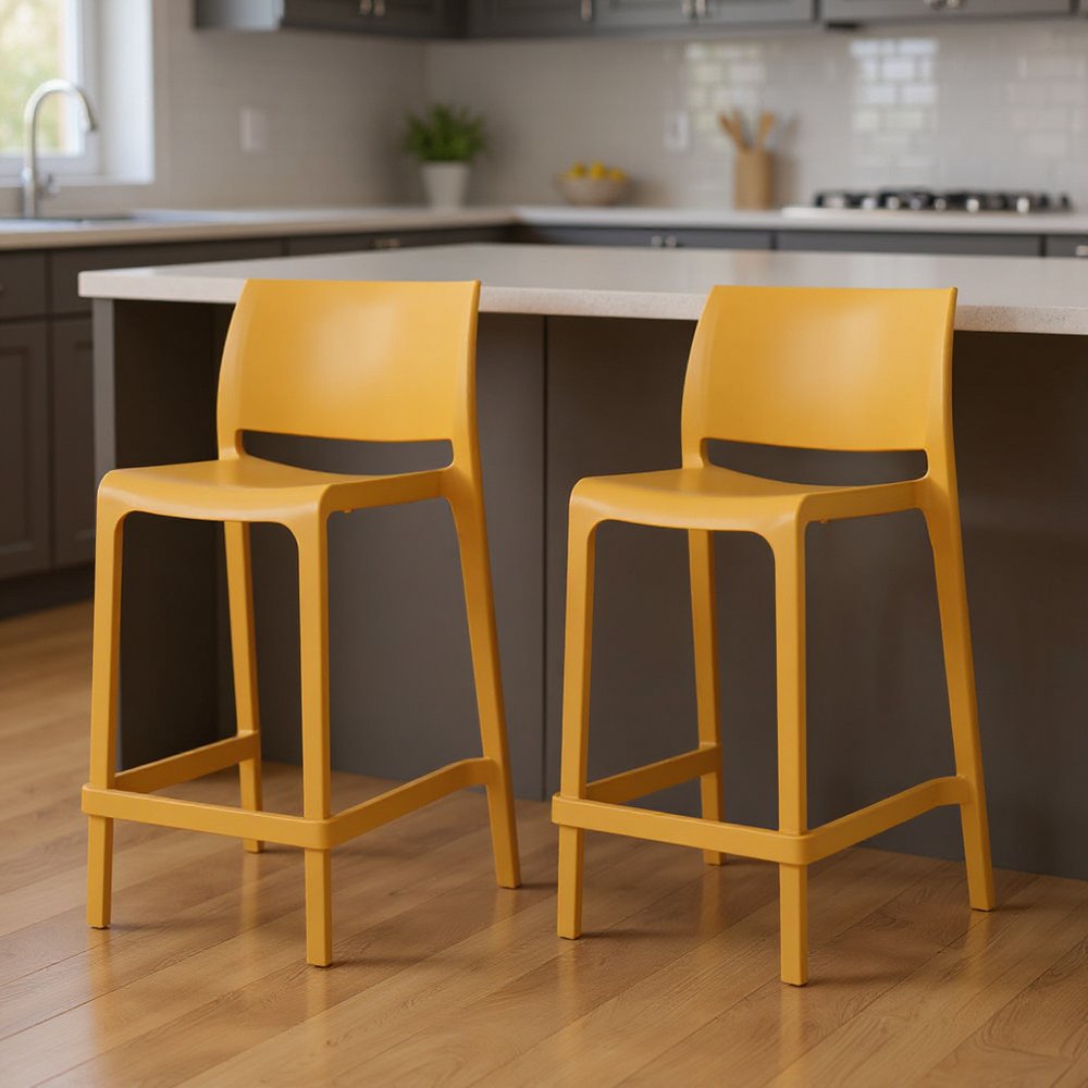 Set of Two 26 Gold and Yellow Heavy Duty Plastic Low Back Outdoor Counter Height Bar Chairs
