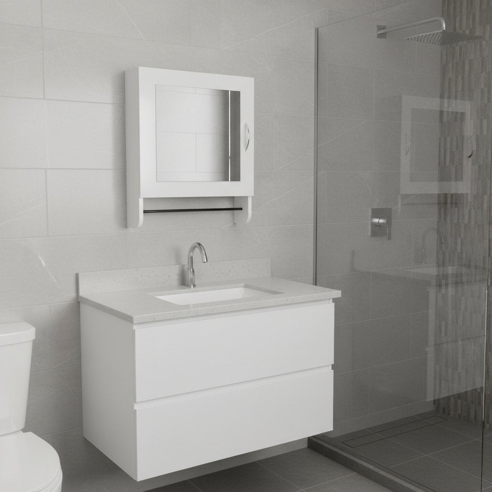 White Wood, Metal Floating Bathroom Vanity and Medicine Cabinet with Mirror