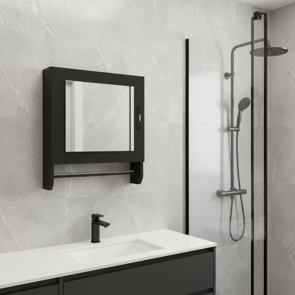Black Wood, Metal Floating Bathroom Vanity and Medicine Cabinet with Mirror