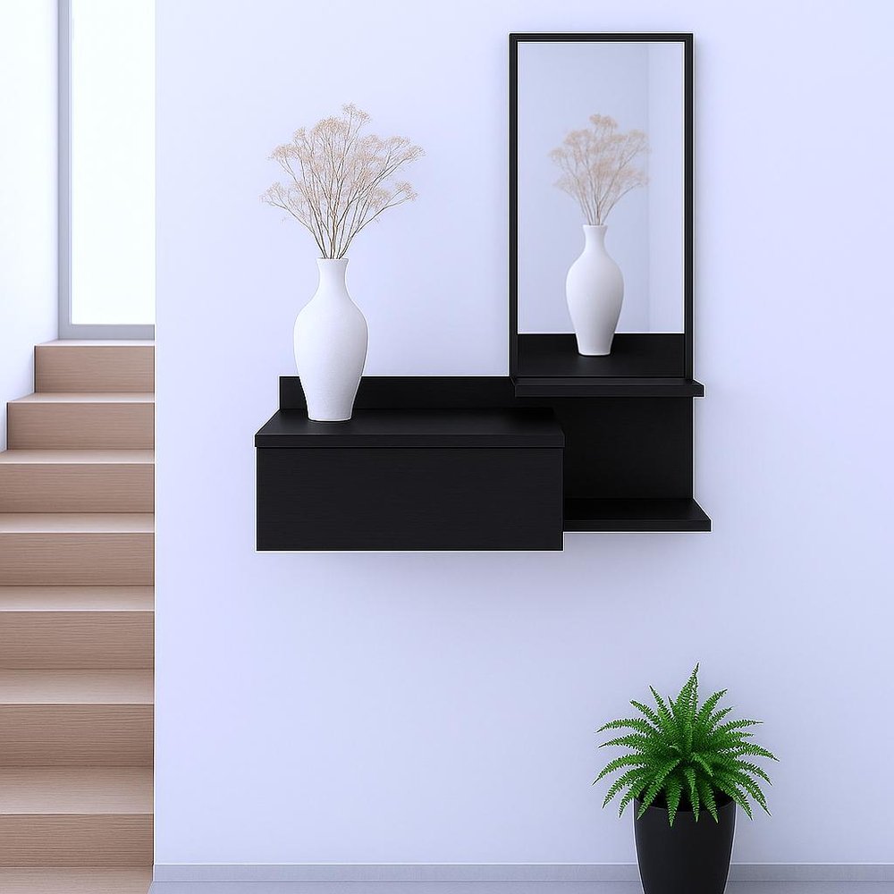 Black Wood Wall Mounted Accent Cabinet with Drawer and Mirror - 36-inch