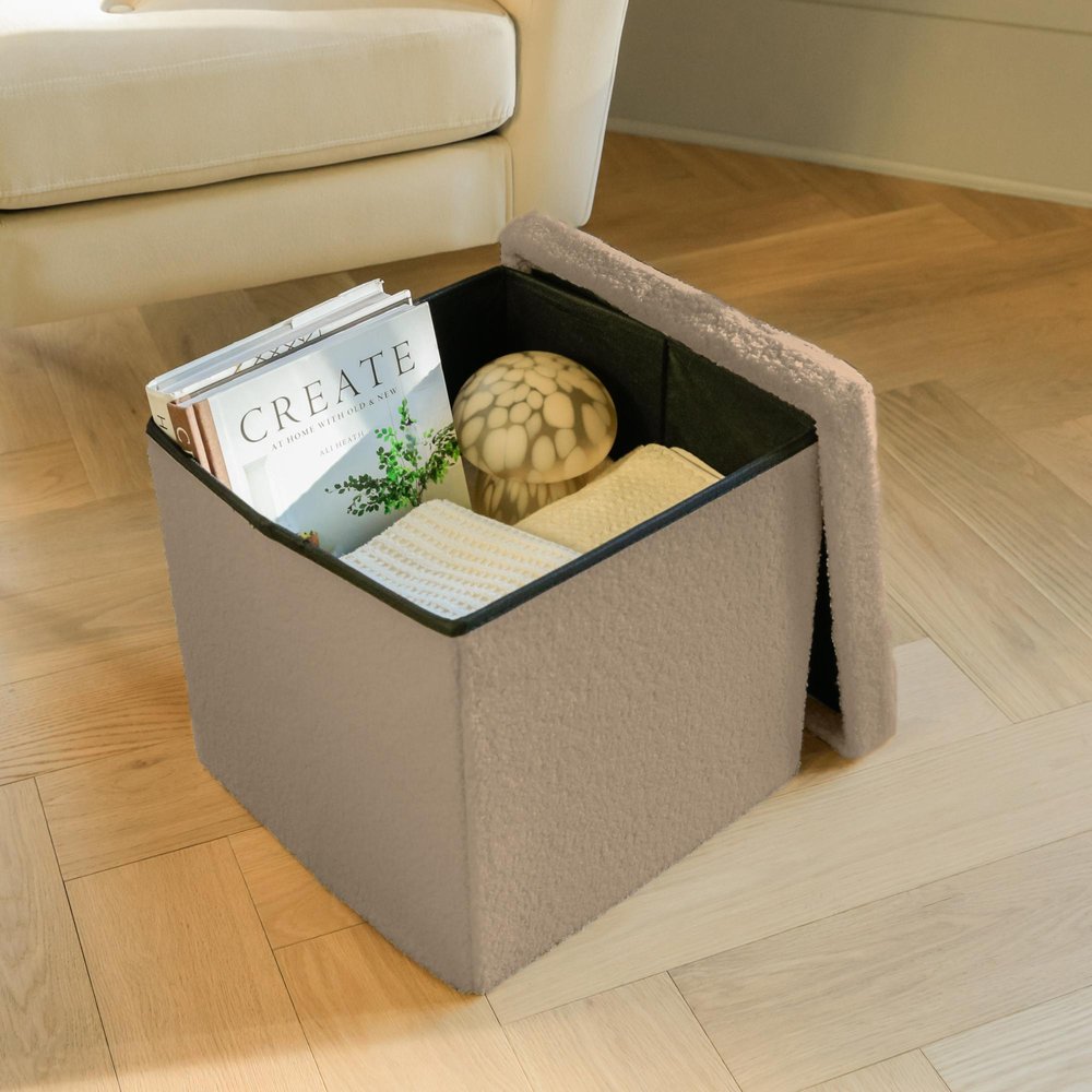 Taupe Boucle Cube Storage Ottoman - 15-inch