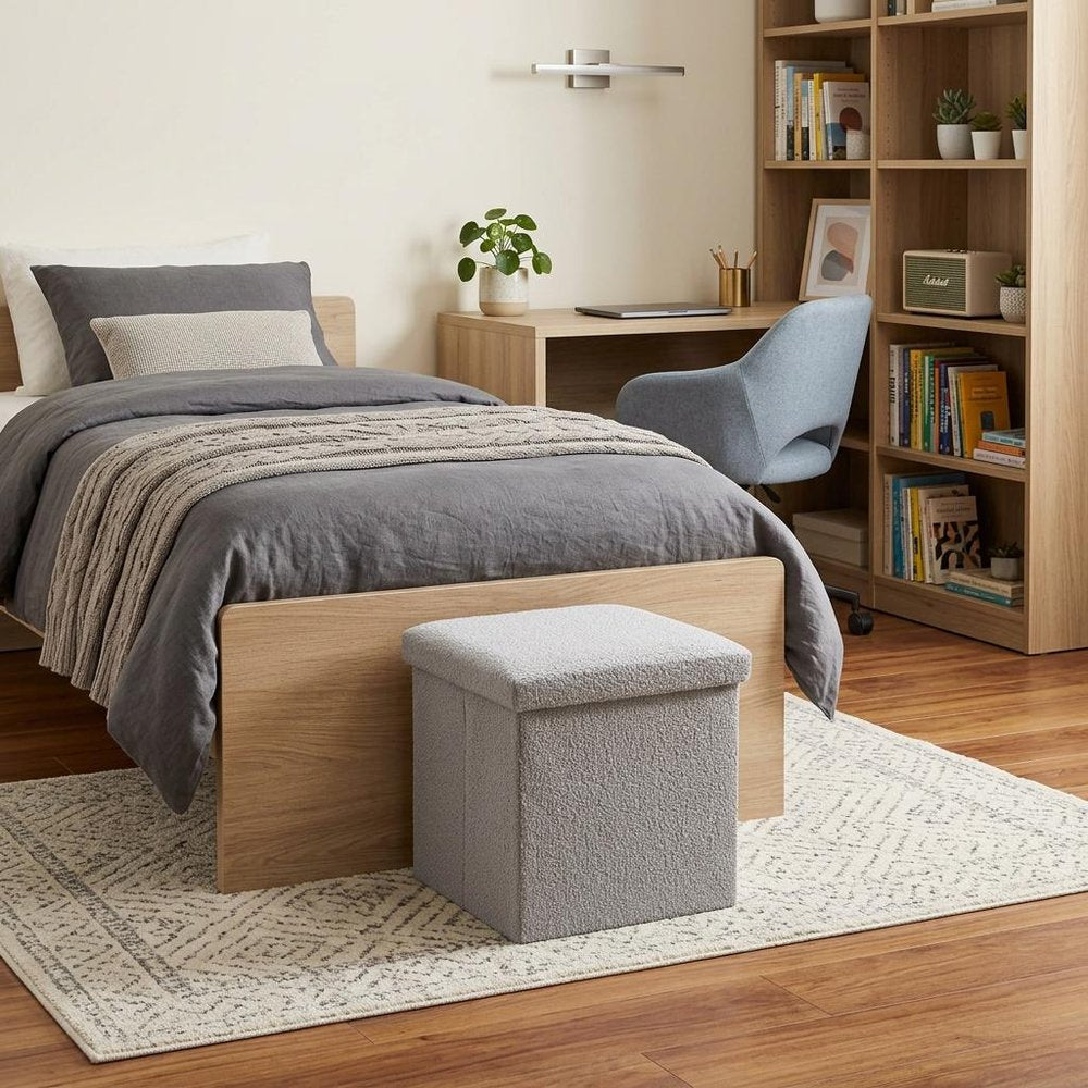 Gray Boucle Cube Storage Ottoman - 15-inch
