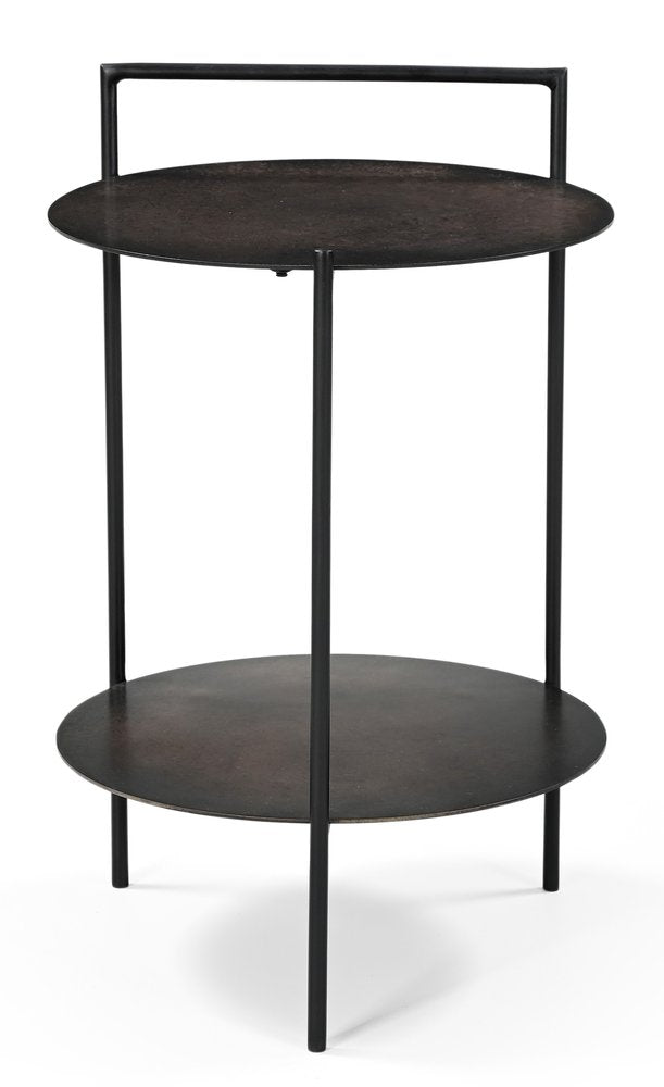 Antiqued Bronze and Black Distressed Iron Round End Table with Shelf - 22-inch