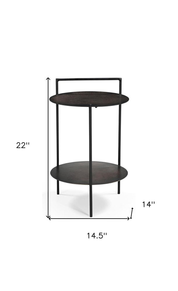 Antiqued Bronze and Black Distressed Iron Round End Table with Shelf - 22-inch