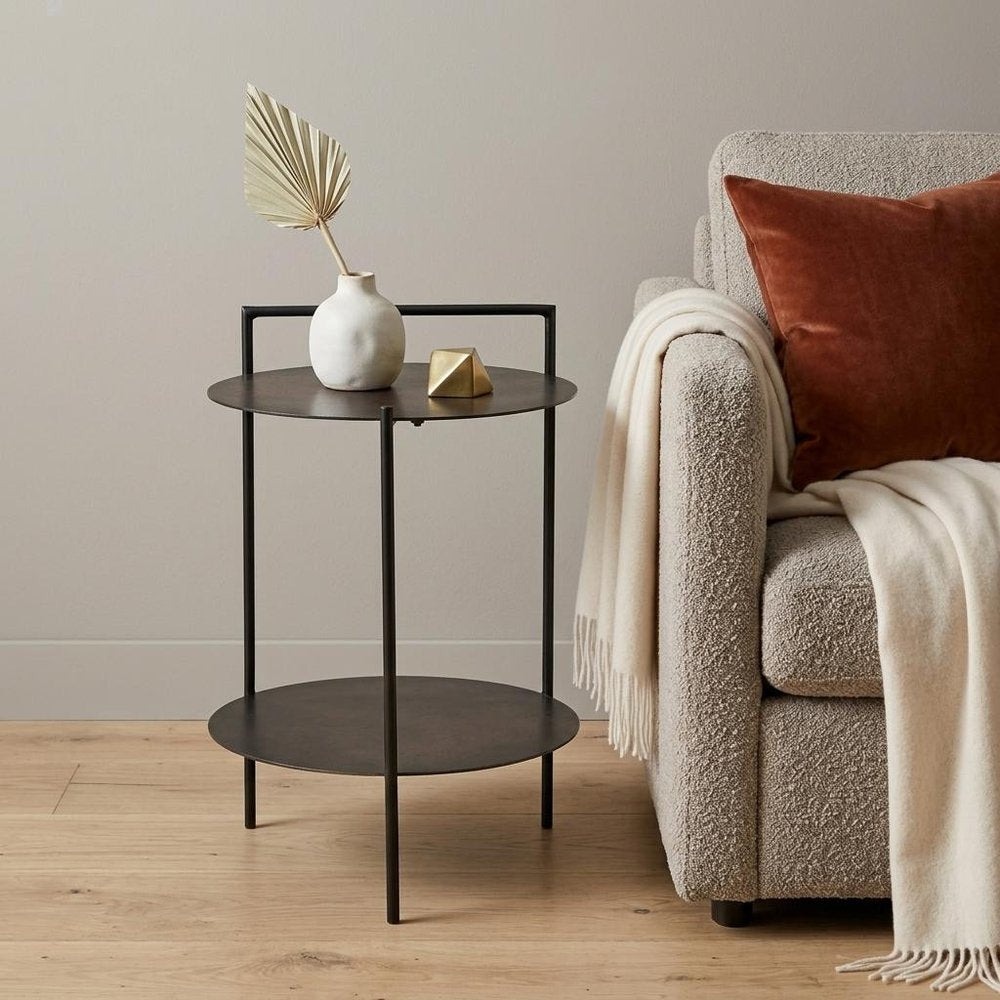 Antiqued Bronze and Black Distressed Iron Round End Table with Shelf - 22-inch