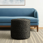 Black Water Hyacinth Round Pouf Ottoman - 18-inch
