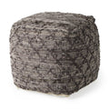 Brown and Gray Cotton and Leather Geometric Cube Pouf Ottoman - 16-inch