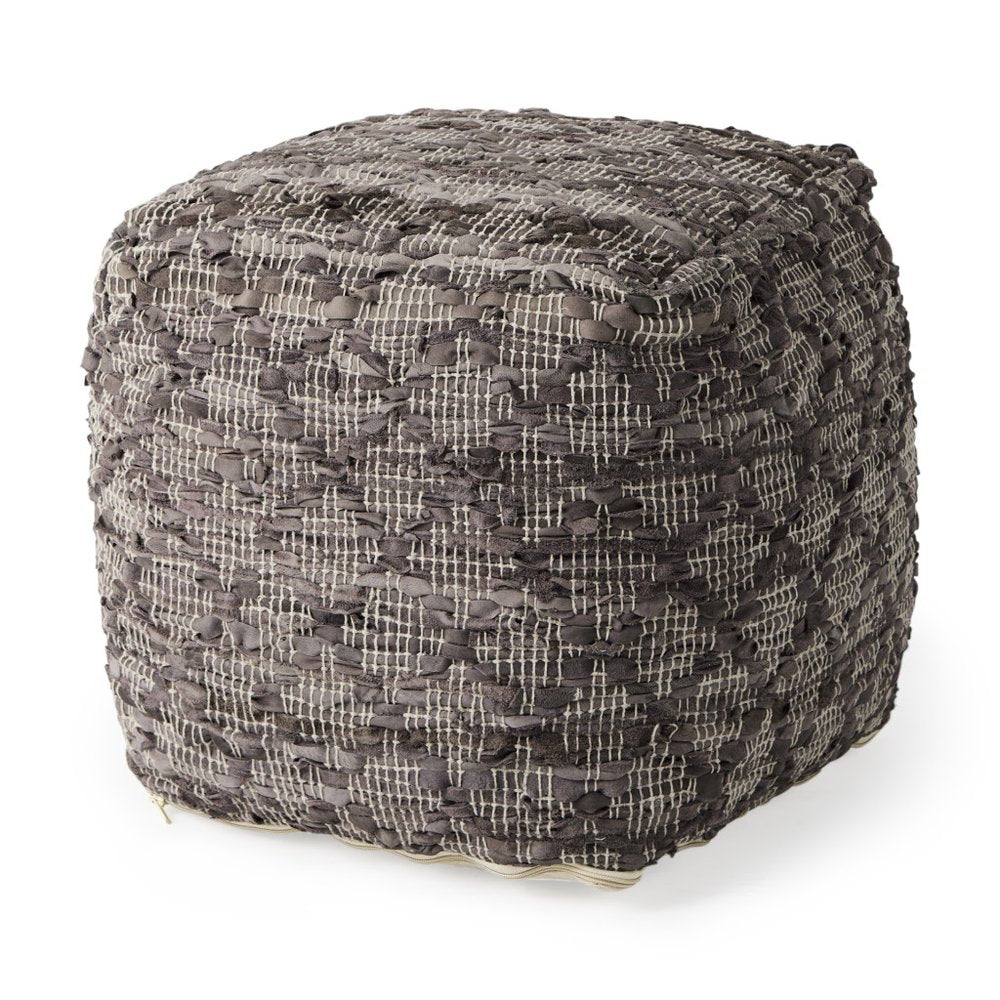 Brown and Gray Cotton and Leather Geometric Cube Pouf Ottoman - 16-inch