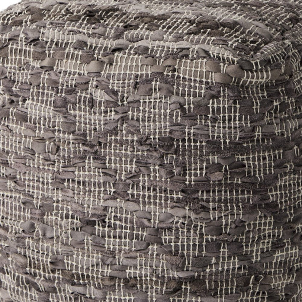 Brown and Gray Cotton and Leather Geometric Cube Pouf Ottoman - 16-inch
