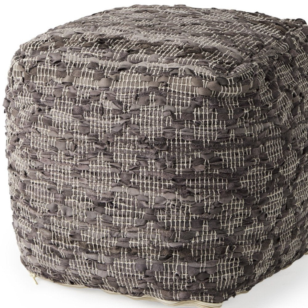 Brown and Gray Cotton and Leather Geometric Cube Pouf Ottoman - 16-inch