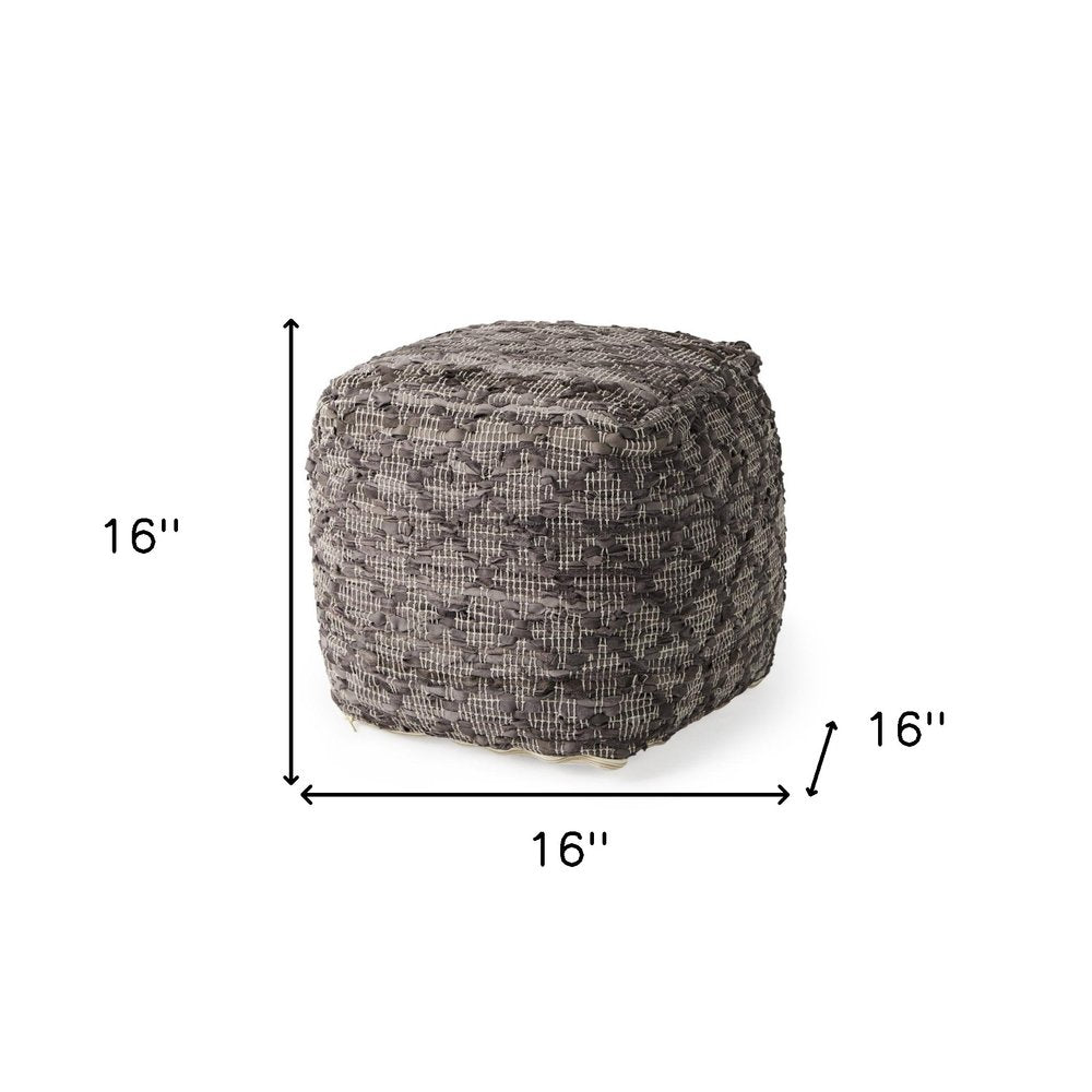 Brown and Gray Cotton and Leather Geometric Cube Pouf Ottoman - 16-inch