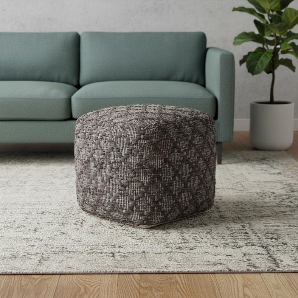 Brown and Gray Cotton and Leather Geometric Cube Pouf Ottoman - 16-inch