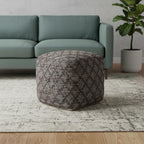 Brown and Gray Cotton and Leather Geometric Cube Pouf Ottoman - 16-inch