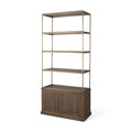 Antiqued Brass and Brown Distressed Metal and Solid Wood Four Tier Bookcase with Two Doors