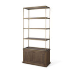 Antiqued Brass and Brown Distressed Metal and Solid Wood Four Tier Bookcase with Two Doors