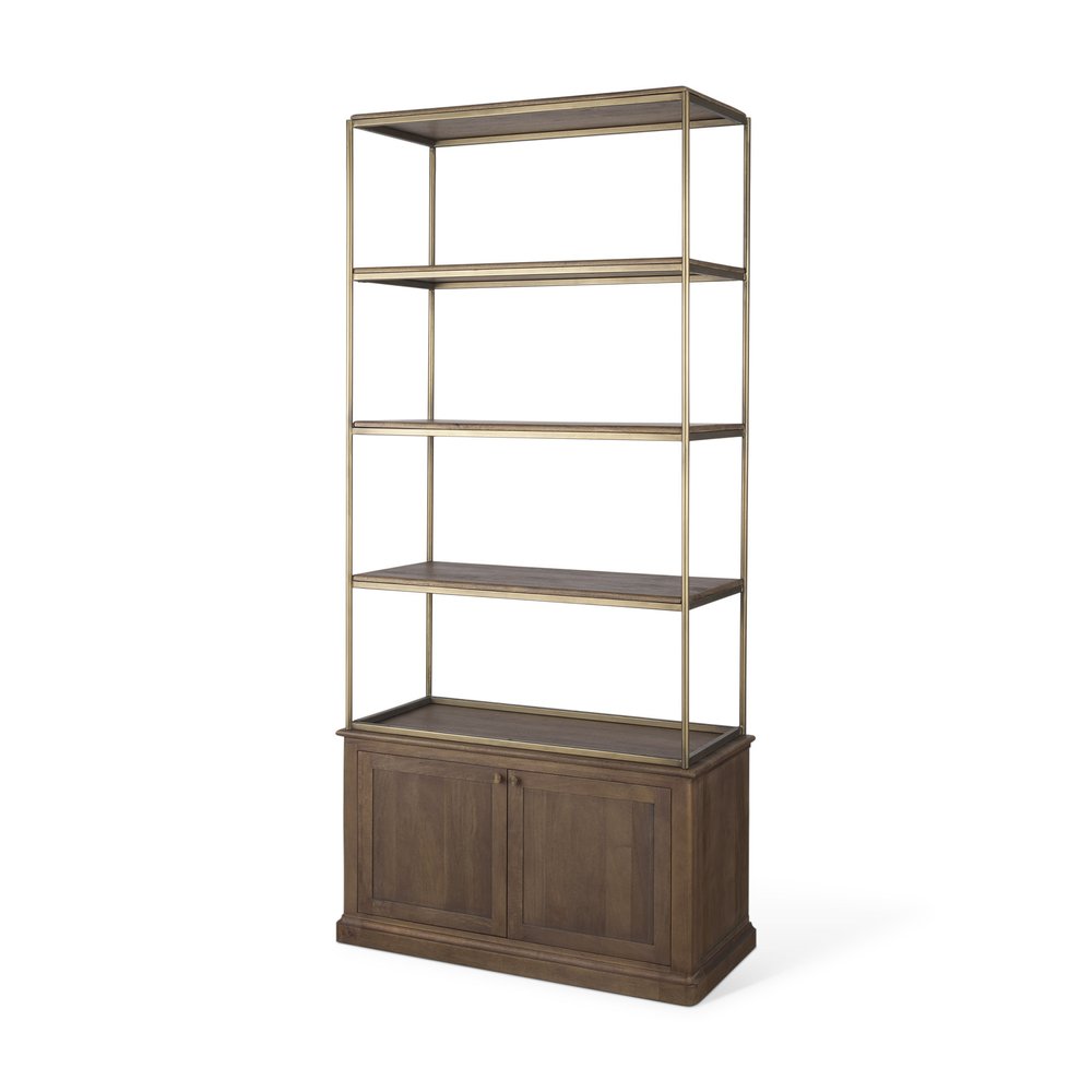 Antiqued Brass and Brown Distressed Metal and Solid Wood Four Tier Bookcase with Two Doors