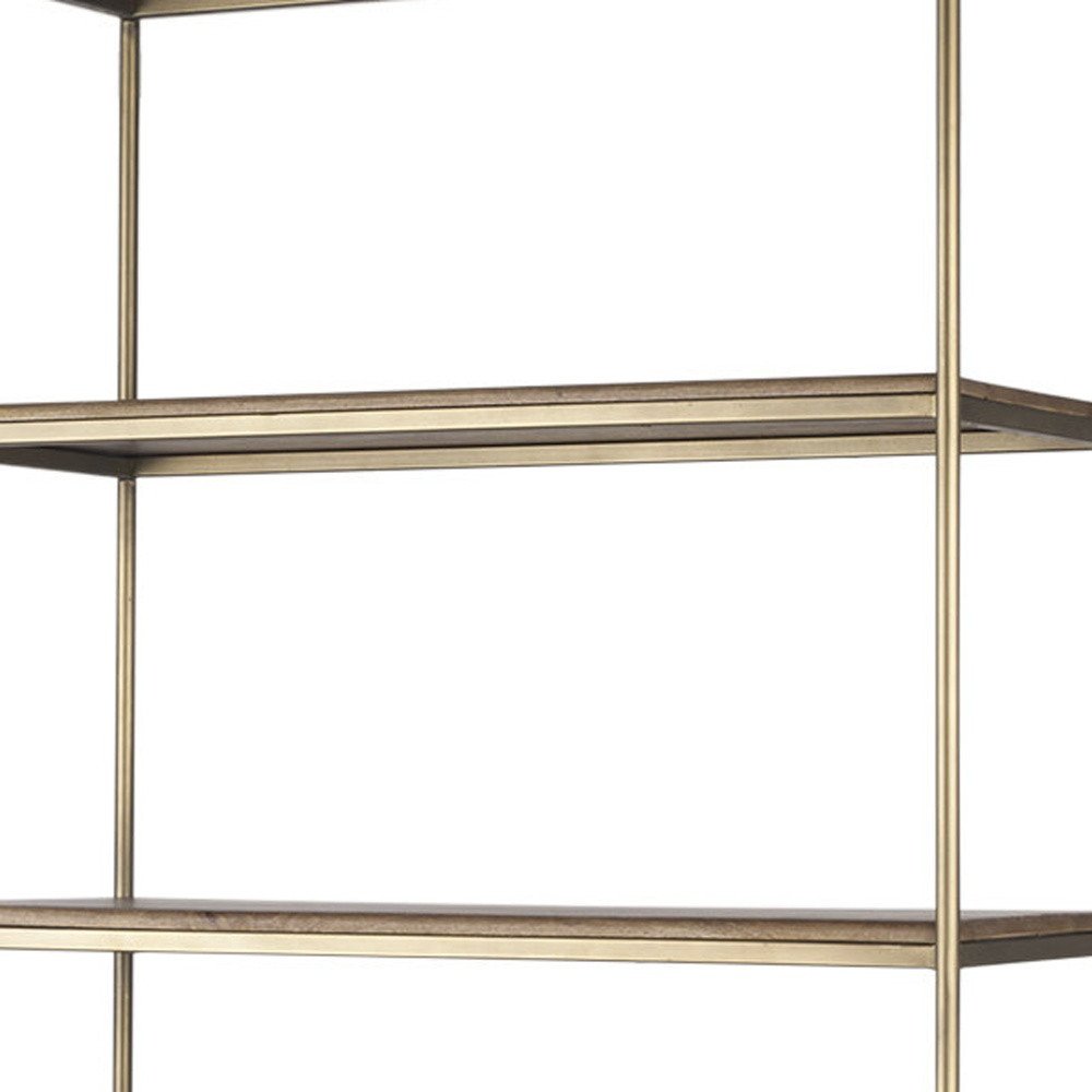 Antiqued Brass and Brown Distressed Metal and Solid Wood Four Tier Bookcase with Two Doors