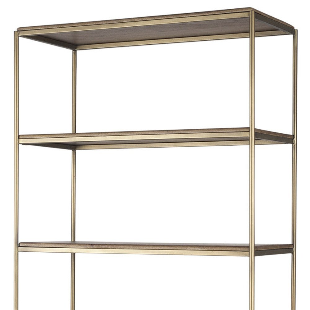 Antiqued Brass and Brown Distressed Metal and Solid Wood Four Tier Bookcase with Two Doors