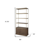 Antiqued Brass and Brown Distressed Metal and Solid Wood Four Tier Bookcase with Two Doors