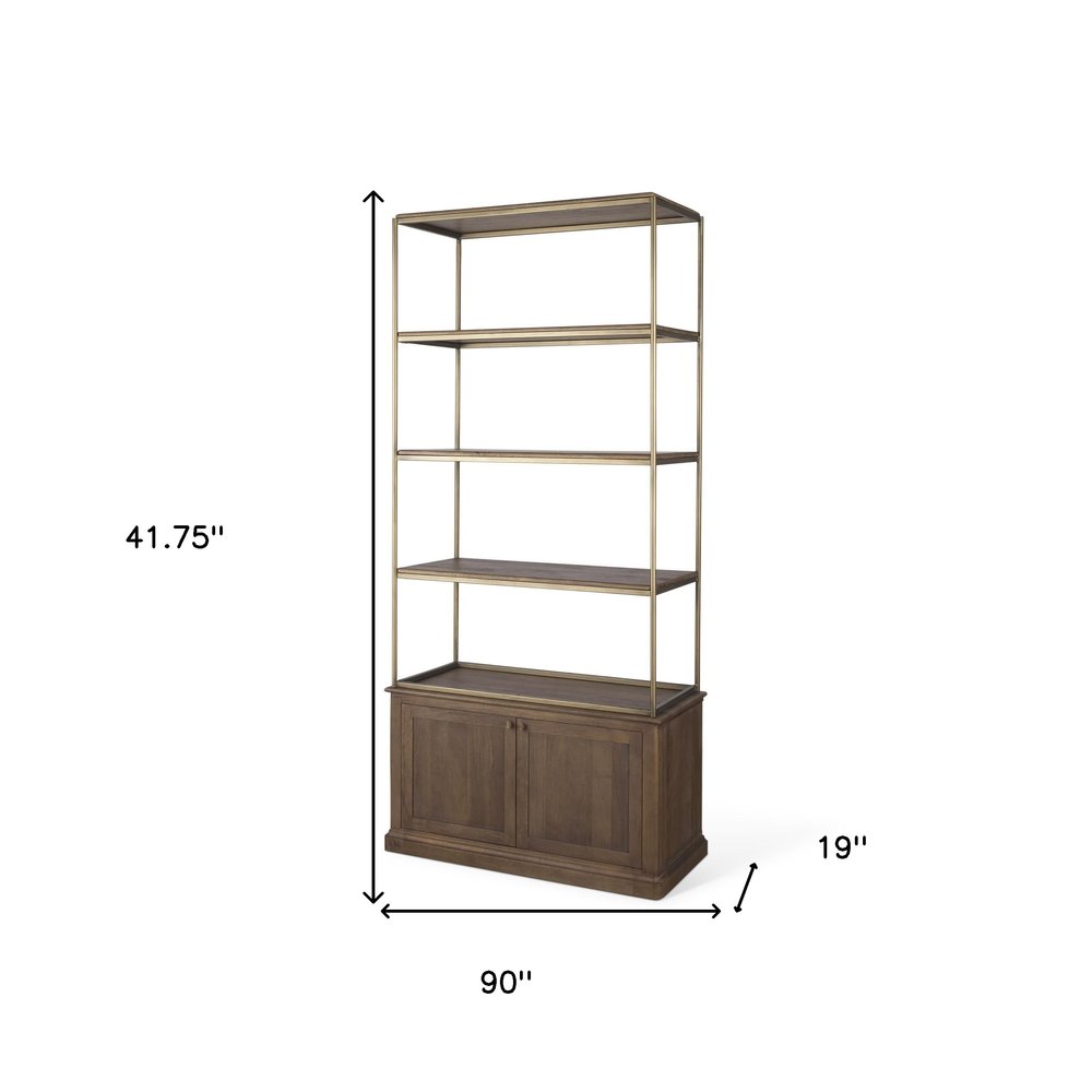 Antiqued Brass and Brown Distressed Metal and Solid Wood Four Tier Bookcase with Two Doors
