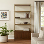 Antiqued Brass and Brown Distressed Metal and Solid Wood Four Tier Bookcase with Two Doors