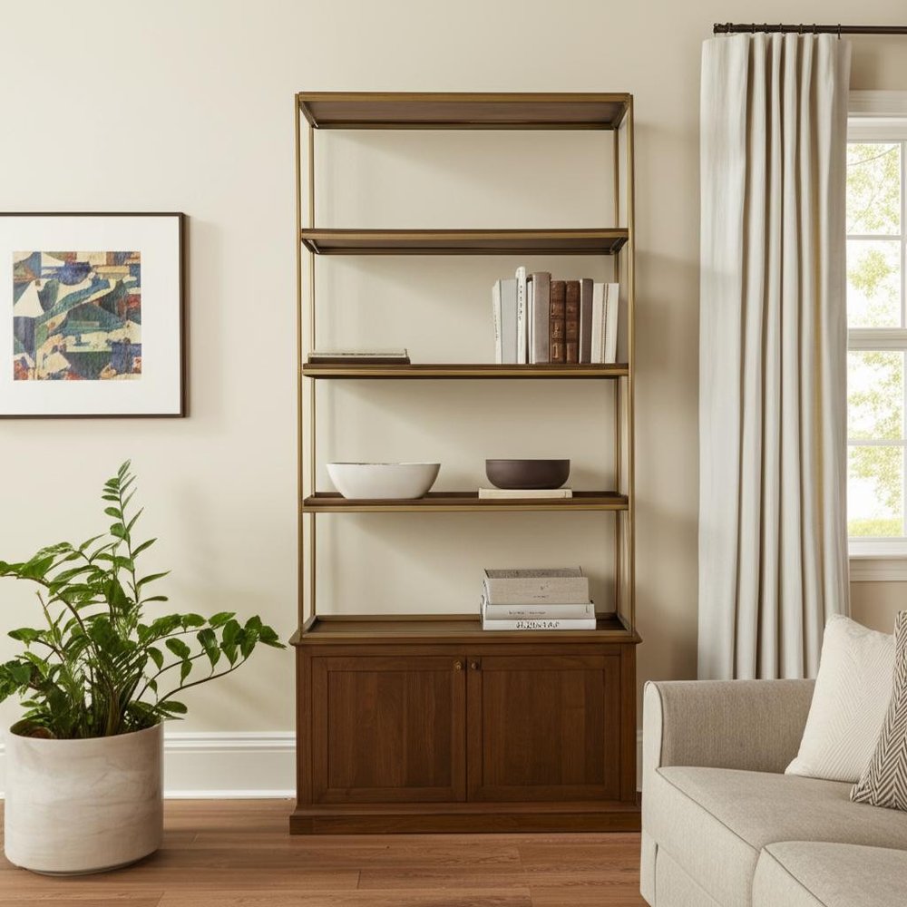Antiqued Brass and Brown Distressed Metal and Solid Wood Four Tier Bookcase with Two Doors