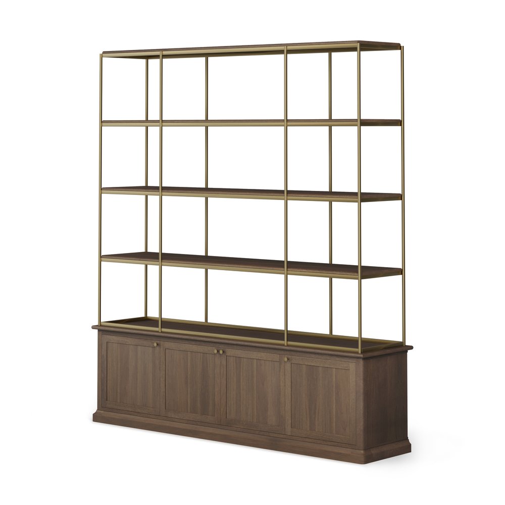 Antiqued Brass and Brown Distressed Metal and Solid Wood Four Tier Bookcase with Four Doors