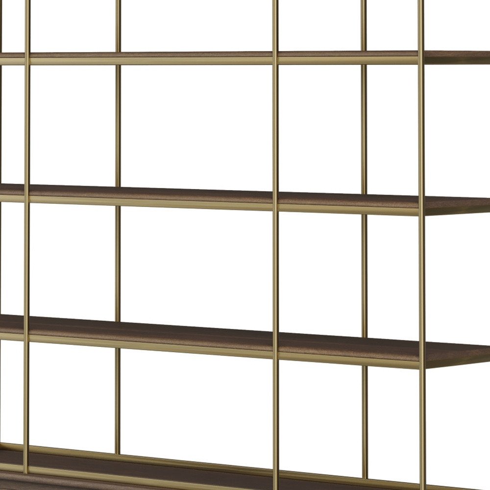 Antiqued Brass and Brown Distressed Metal and Solid Wood Four Tier Bookcase with Four Doors
