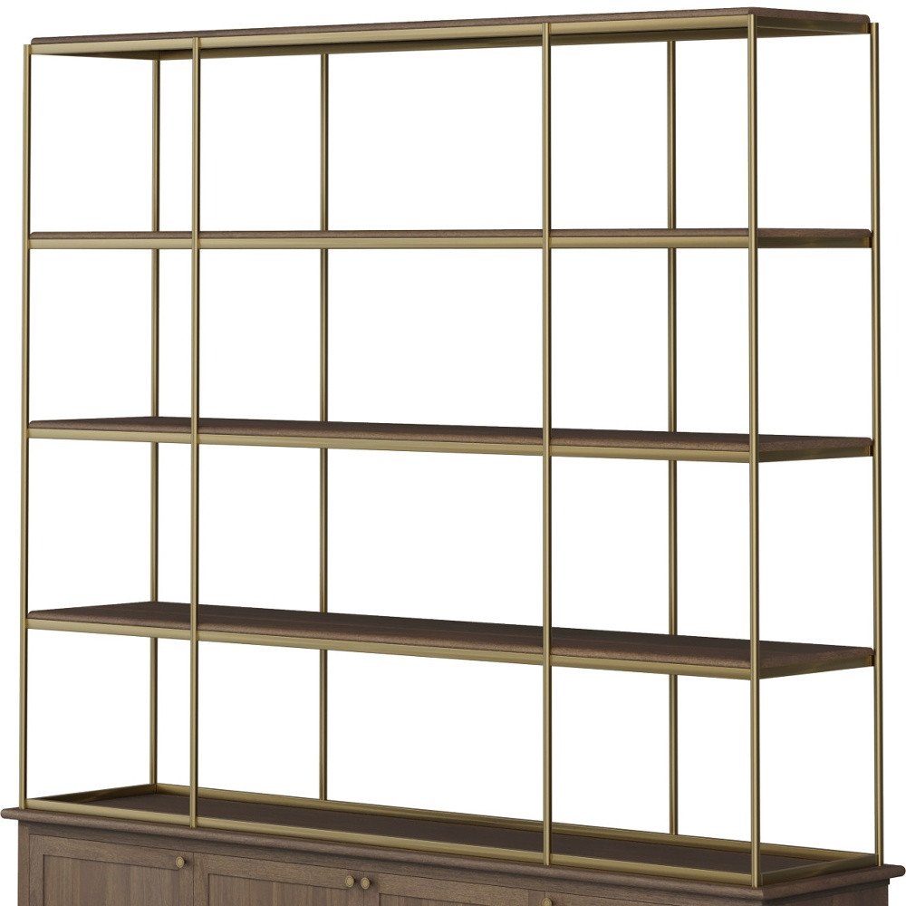 Antiqued Brass and Brown Distressed Metal and Solid Wood Four Tier Bookcase with Four Doors