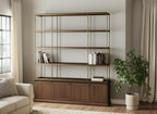 Antiqued Brass and Brown Distressed Metal and Solid Wood Four Tier Bookcase with Four Doors