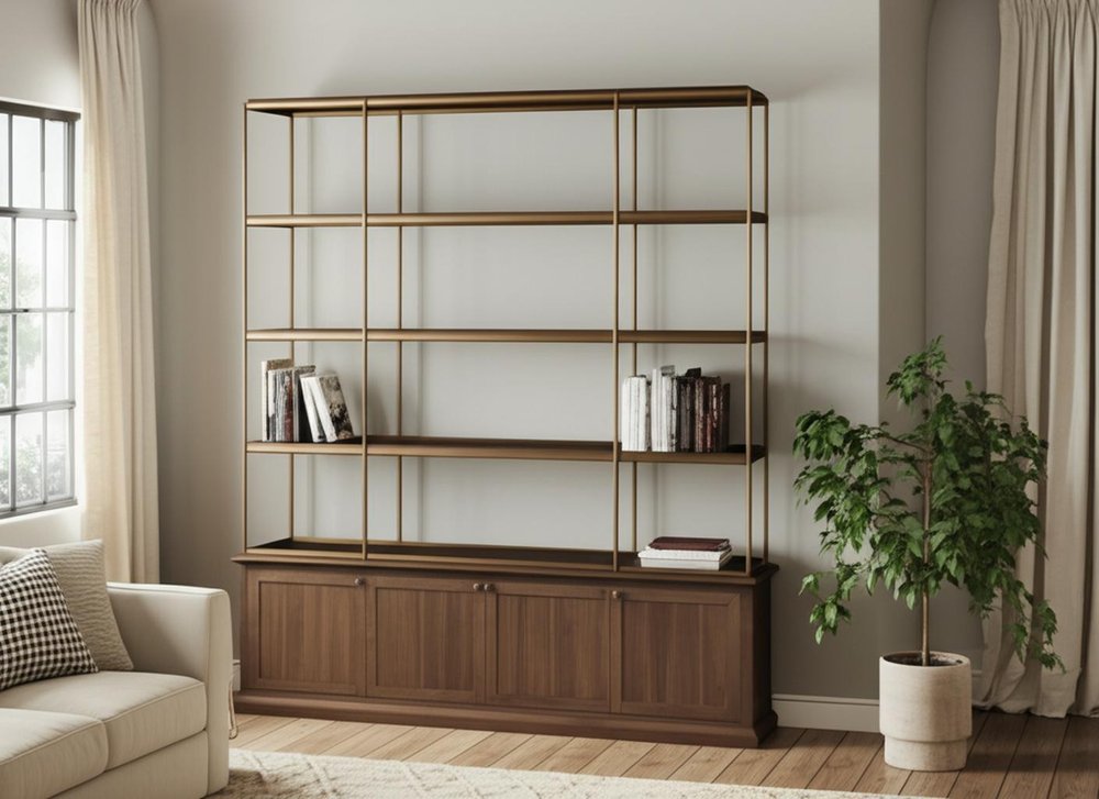Antiqued Brass and Brown Distressed Metal and Solid Wood Four Tier Bookcase with Four Doors