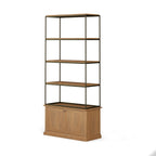 Antiqued Brass and Light Brown Distressed Metal and Solid Wood Four Tier Bookcase with Two Doors