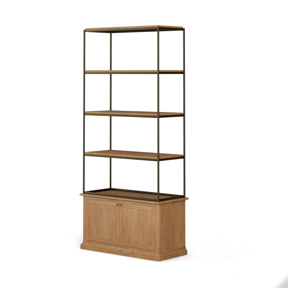 Antiqued Brass and Light Brown Distressed Metal and Solid Wood Four Tier Bookcase with Two Doors
