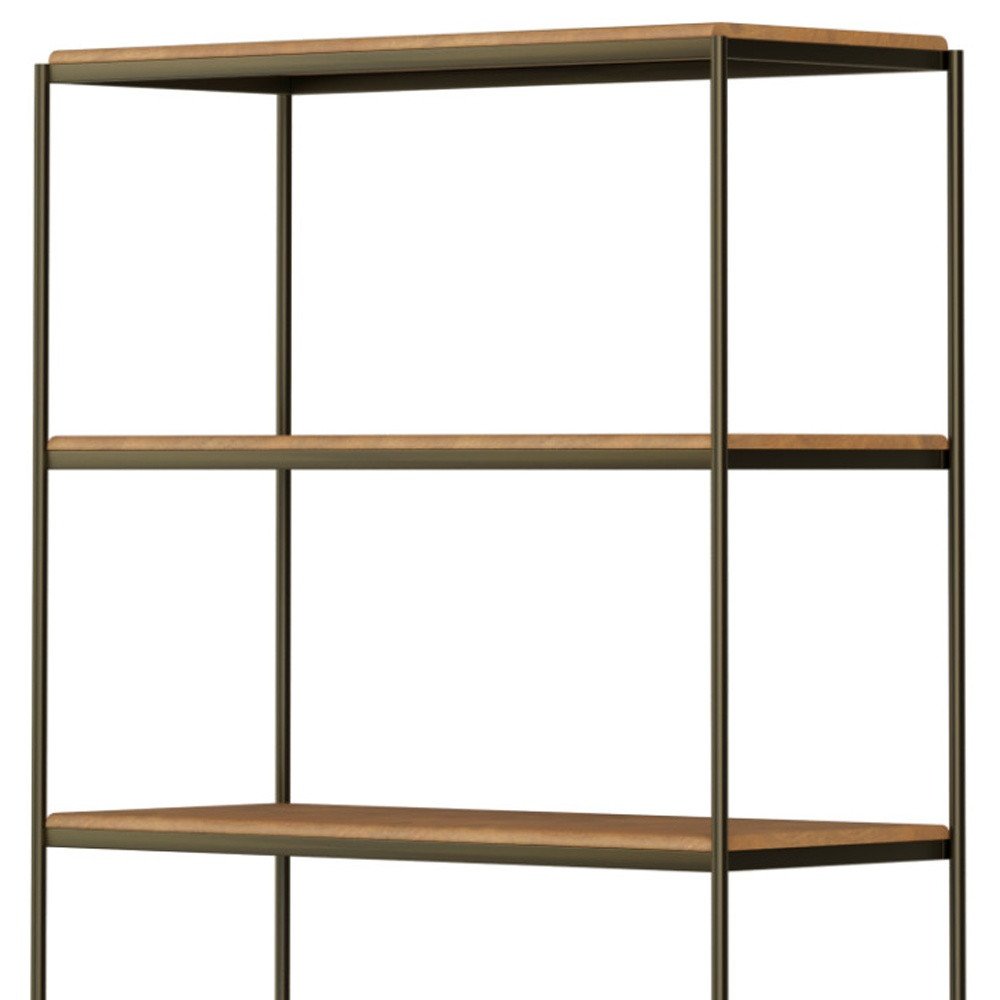 Antiqued Brass and Light Brown Distressed Metal and Solid Wood Four Tier Bookcase with Two Doors