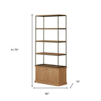 Antiqued Brass and Light Brown Distressed Metal and Solid Wood Four Tier Bookcase with Two Doors