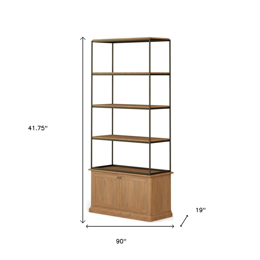 Antiqued Brass and Light Brown Distressed Metal and Solid Wood Four Tier Bookcase with Two Doors