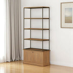 Antiqued Brass and Light Brown Distressed Metal and Solid Wood Four Tier Bookcase with Two Doors