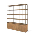 Antiqued Brass and Light Brown Distressed Metal and Solid Wood Three Tier Bookcase with Four Doors