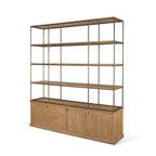 Antiqued Brass and Light Brown Distressed Metal and Solid Wood Three Tier Bookcase with Four Doors