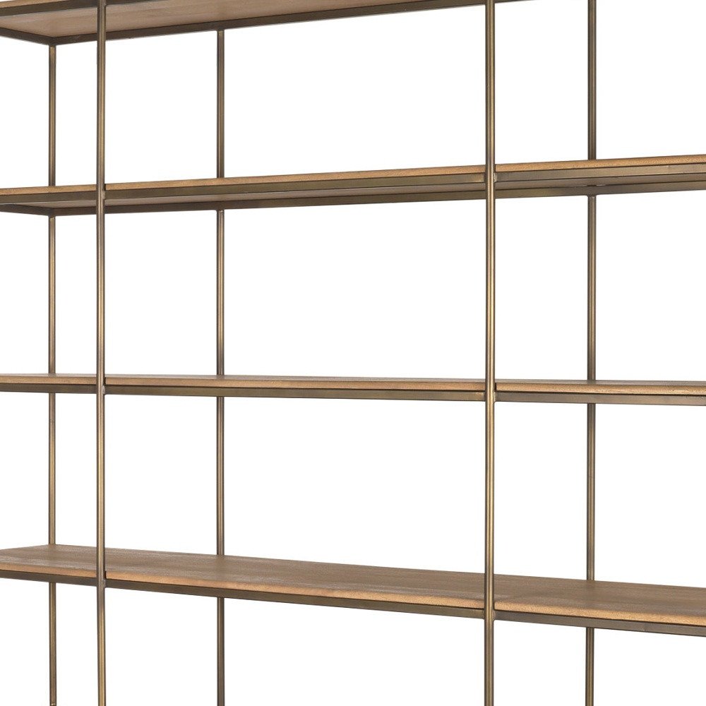 Antiqued Brass and Light Brown Distressed Metal and Solid Wood Three Tier Bookcase with Four Doors