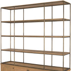 Antiqued Brass and Light Brown Distressed Metal and Solid Wood Three Tier Bookcase with Four Doors